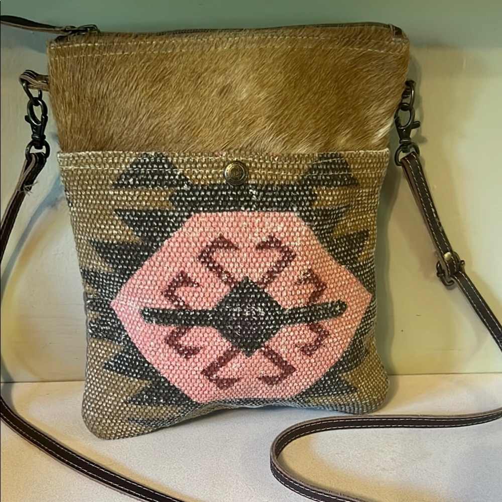 Southwestern Myra bag Stylish Pink and Brown Crossbody Bag with fur accents